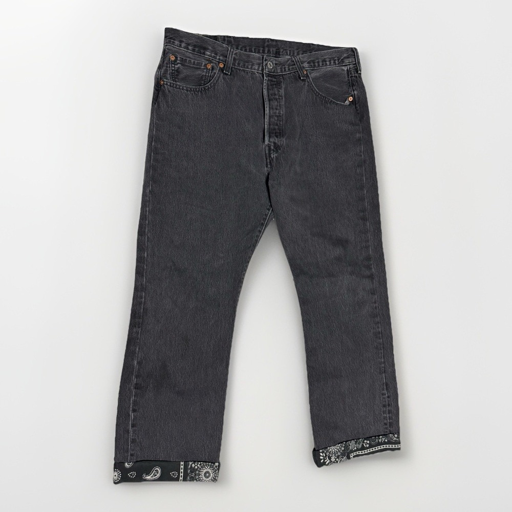 Levis 501 Black Jeans W38x30 Custom Reworked Bandana Cuff Upcycled